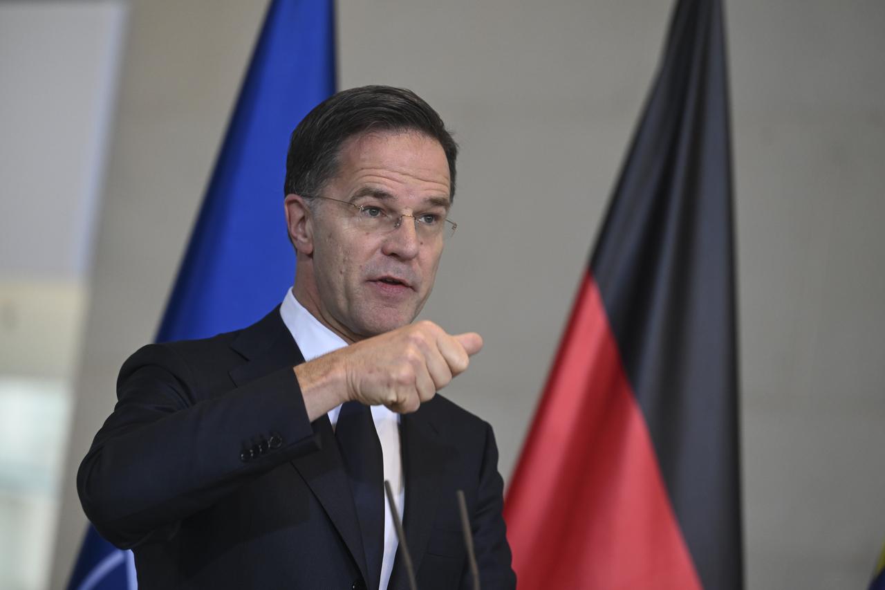 NATO Secretary General Mark Rutte and German Chancellor Friedrich Merz (not seen) hold a press conference at Prime Minister's Office in Berlin, Germany on Dec. 11, 2025. (AA Photo)