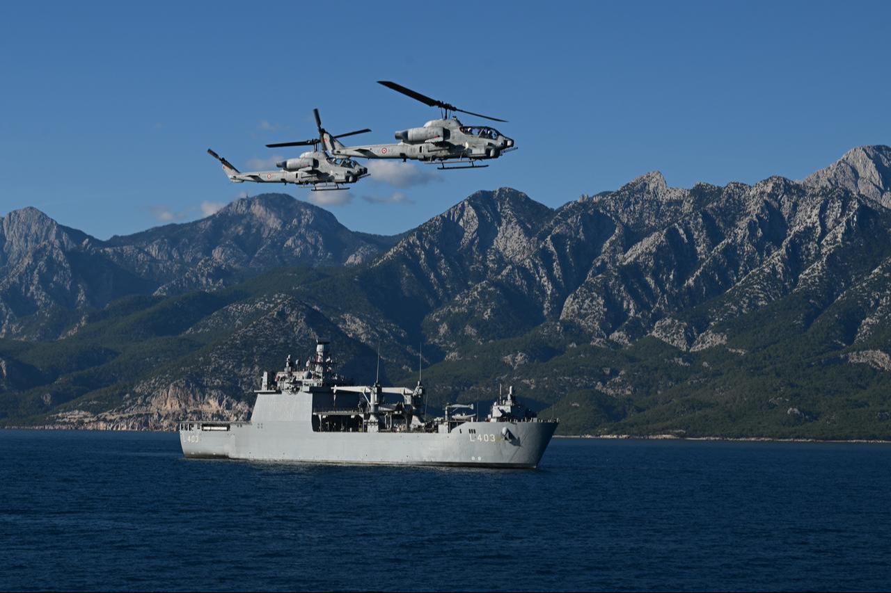 AH-1W helicopters participate in the Eastern Mediterranean 2025 Invitation Exercise hosted by the Turkish Naval Forces in Antalya, Türkiye, Dec. 2, 2025. (AA Photo)