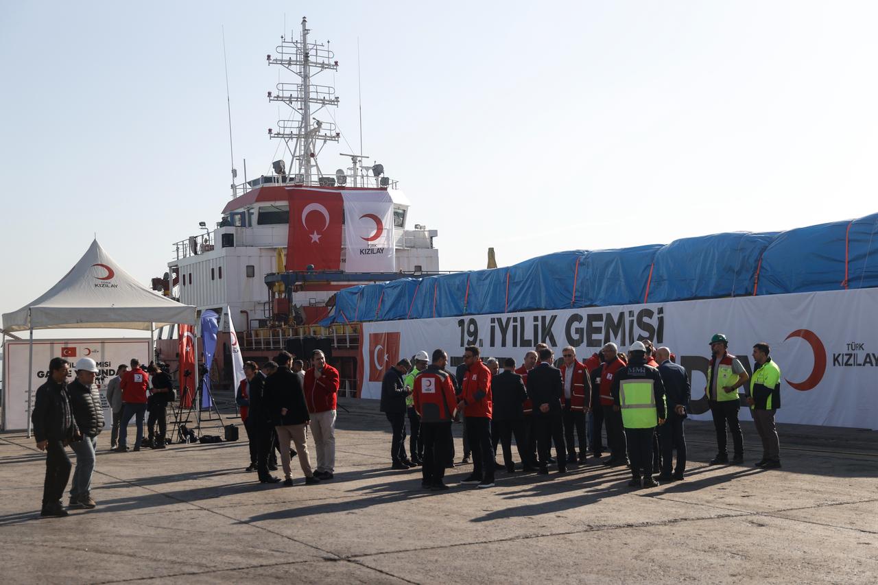 Turkish Red Crescent’s 19th “Ship of Goodness,” carrying humanitarian aid prepared for delivery to Gaza, was sent off from Mersin International Port in Mersin, Türkiye on Dec. 13, 2025. (AA Photo)