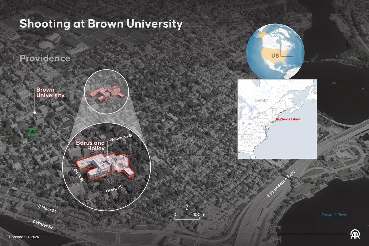 An infographic titled "Shooting at Brown University" created in Ankara, Türkiye on December 14, 2025. (AA Photo)