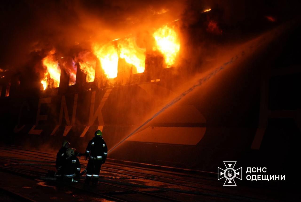 Fire crews work to extinguish flames after a new Russian missile strike hit the Odesa region in Ukraine on Dec. 12, 2025. (Photo via State Emergency Service of Ukraine-Anadolu Agency)