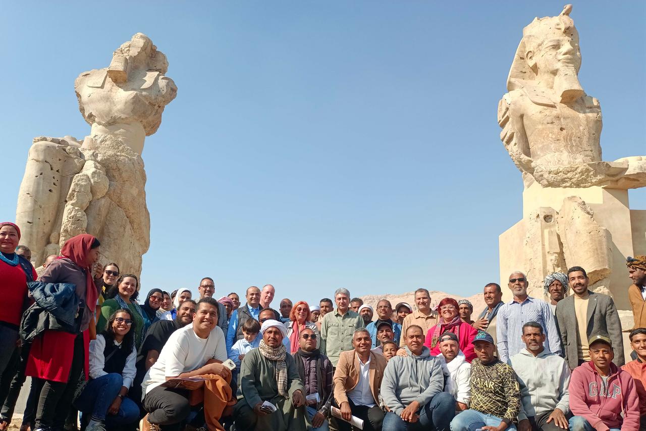 Statues of Pharaoh Amenhotep III, known as the Sun King, are placed at the Mortuary Temple within the Medinet Habu complex on the West Bank of Luxor during a ceremony in Luxor, Egypt, Dec. 14, 2025. (AA Photo)