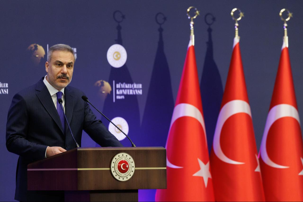 Foreign Minister Hakan Fidan speaks during the official opening ceremony of the 16th Ambassadors Conference in Ankara, Türkiye, Dec. 15, 2025. (AA Photo)