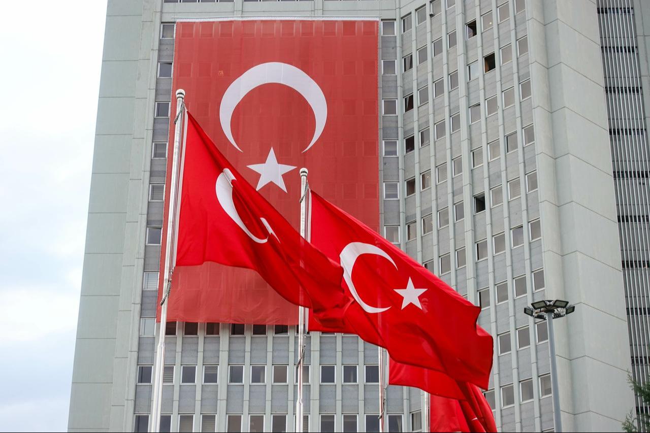 Turkish national flags hanging over the Foreign Ministry Building in Ankara, Türkiye, at an undated time. (Adobe Stock Photo)
