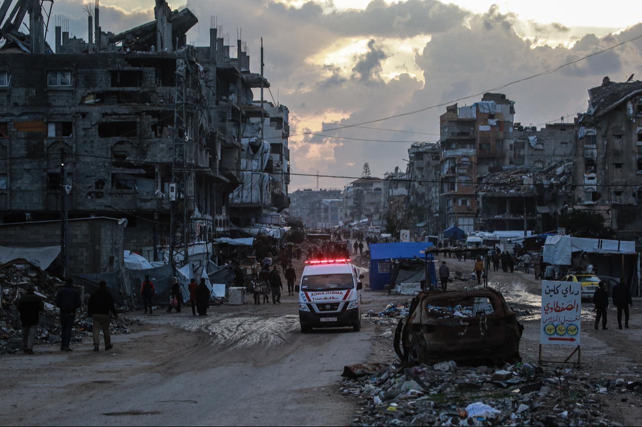 An ambulance drives down a road in the Al-Saftawi neighborhood, west of Jabalia city in the northern Gaza Strip, Dec. 10, 2025. (AFP Photo)