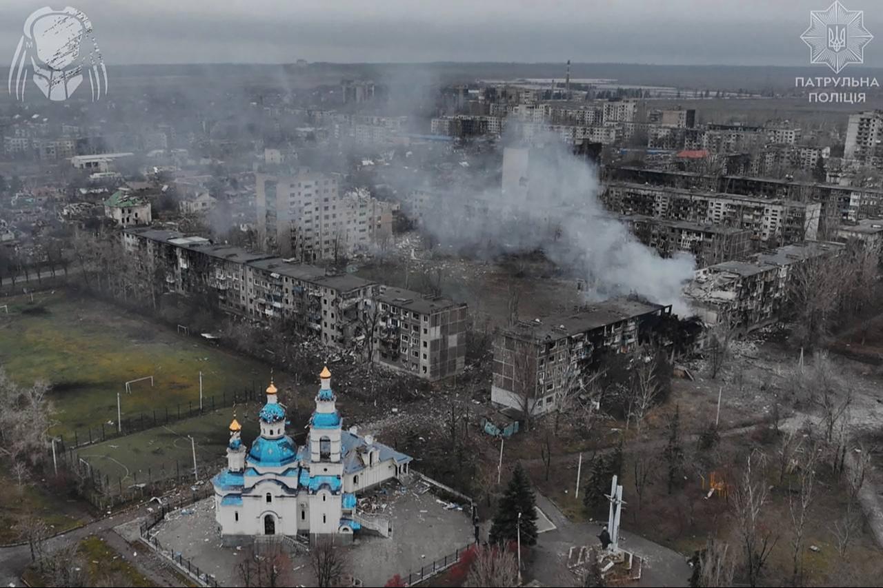 An aerial view of heavily damaged residential buildings and a church in the frontline town of Kostyantynivka, Donetsk region, Dec. 12, 2025. (Photo via Handout/National Police of Ukraine/AFP)