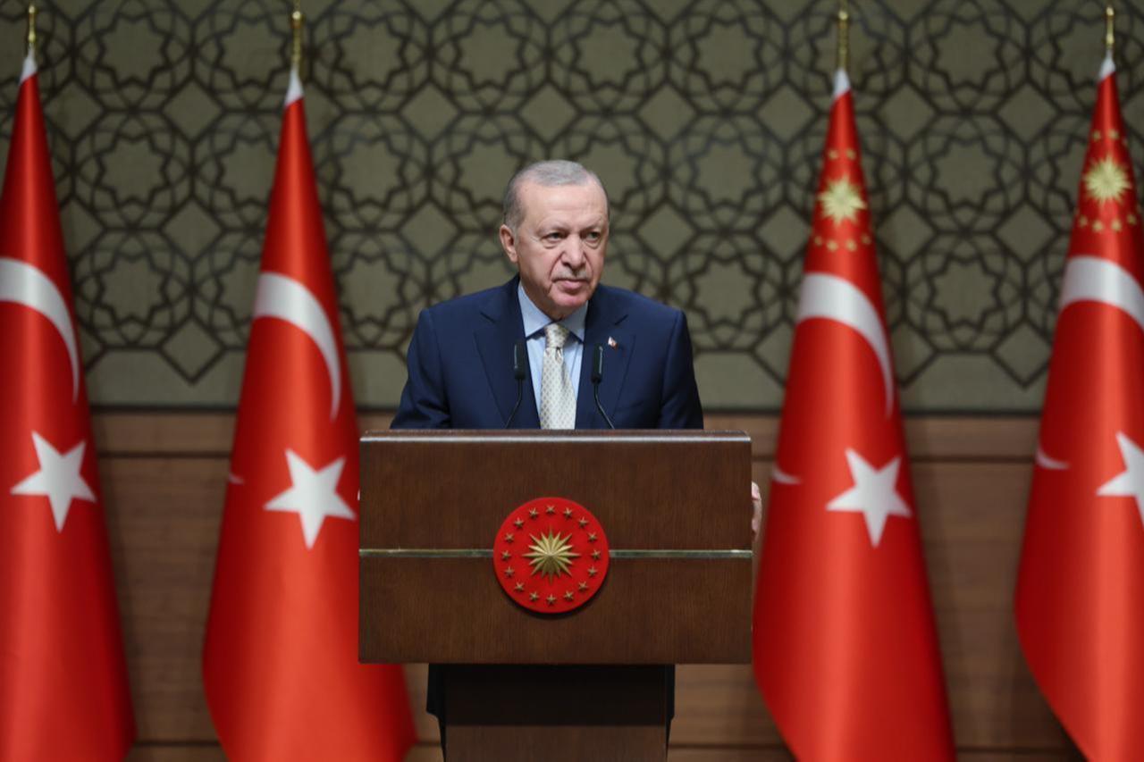 President Recep Tayyip Erdogan makes a speech during a ceremony at the Presidential Complex in Ankara, Türkiye, Oct. 15, 2025.  (Photo via Turkish Presidency/Mustafa Kamaci)