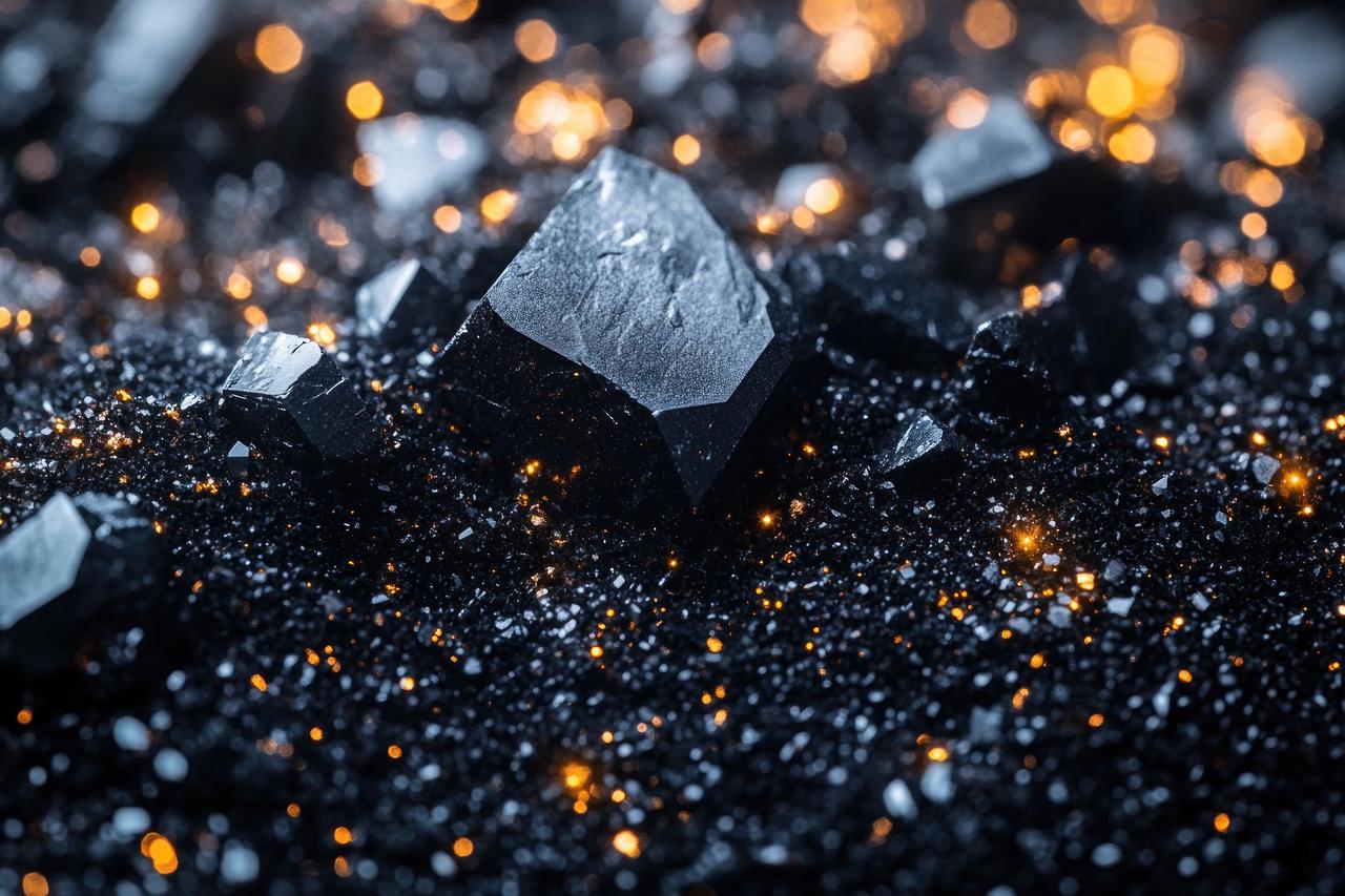 Close-up of pure silver and platinum metallic crystals on black sand from rare earth mine, undisclosed time and date. (Adobe Stock Photo)