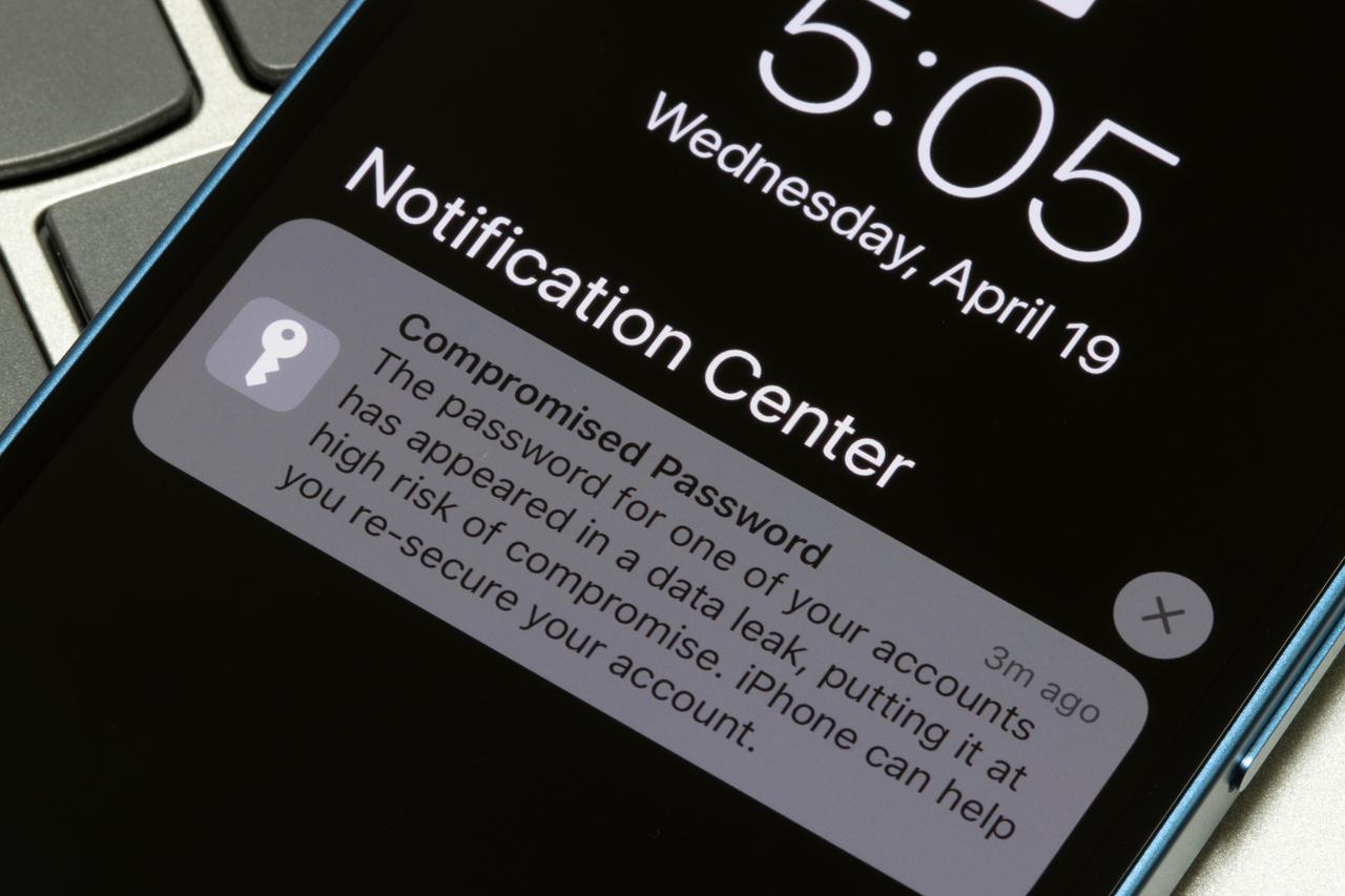 Close-up of the Compromised Password notification seen on an iPhones lock screen in Portland, OR, U.S. - Apr 19, 2023. (Adobe Stock Photo)