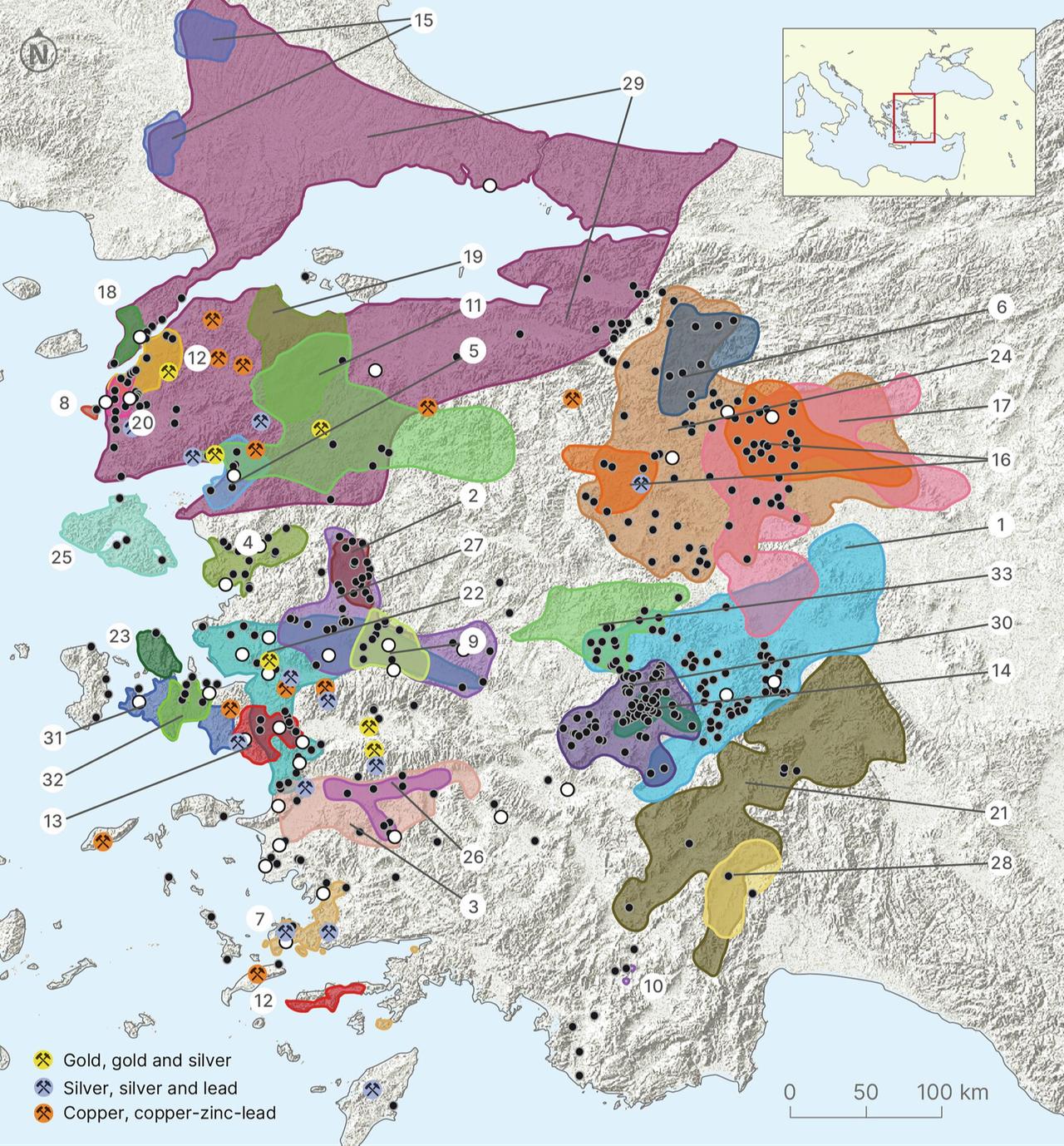 Relief map of western Türkiye showing archaeological excavations (white dots), settlement sites (black dots), areas covered by archaeological surveys, and archaeologically attested ore deposits . (Map via Scientific Data)