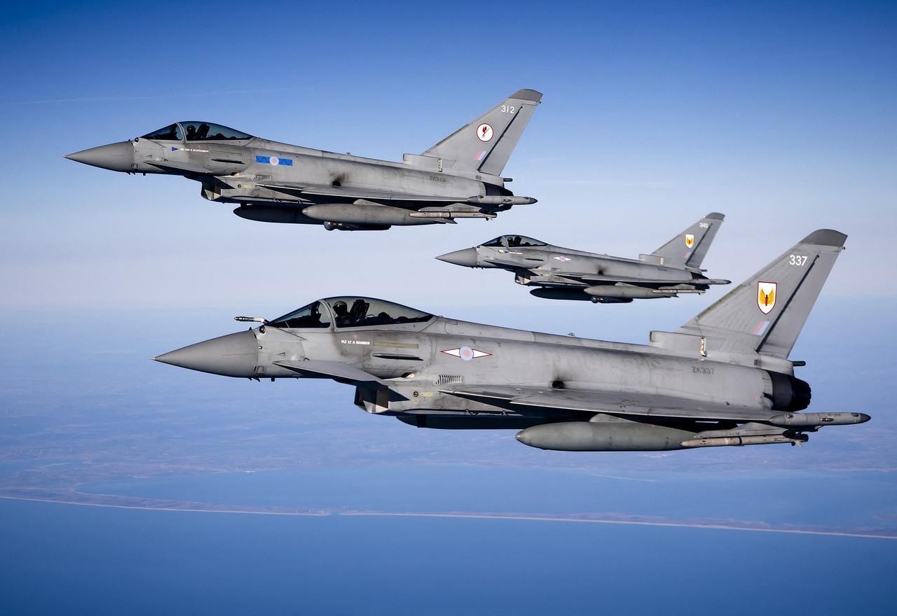 Eurofighter jet fighters from the United Kingdom fly over the North Sea after being refueled by an MRTT aircraft as part of the NATO exercise "Ramstein", near Eindhoven, April 2, 2025. (AFP Photo)