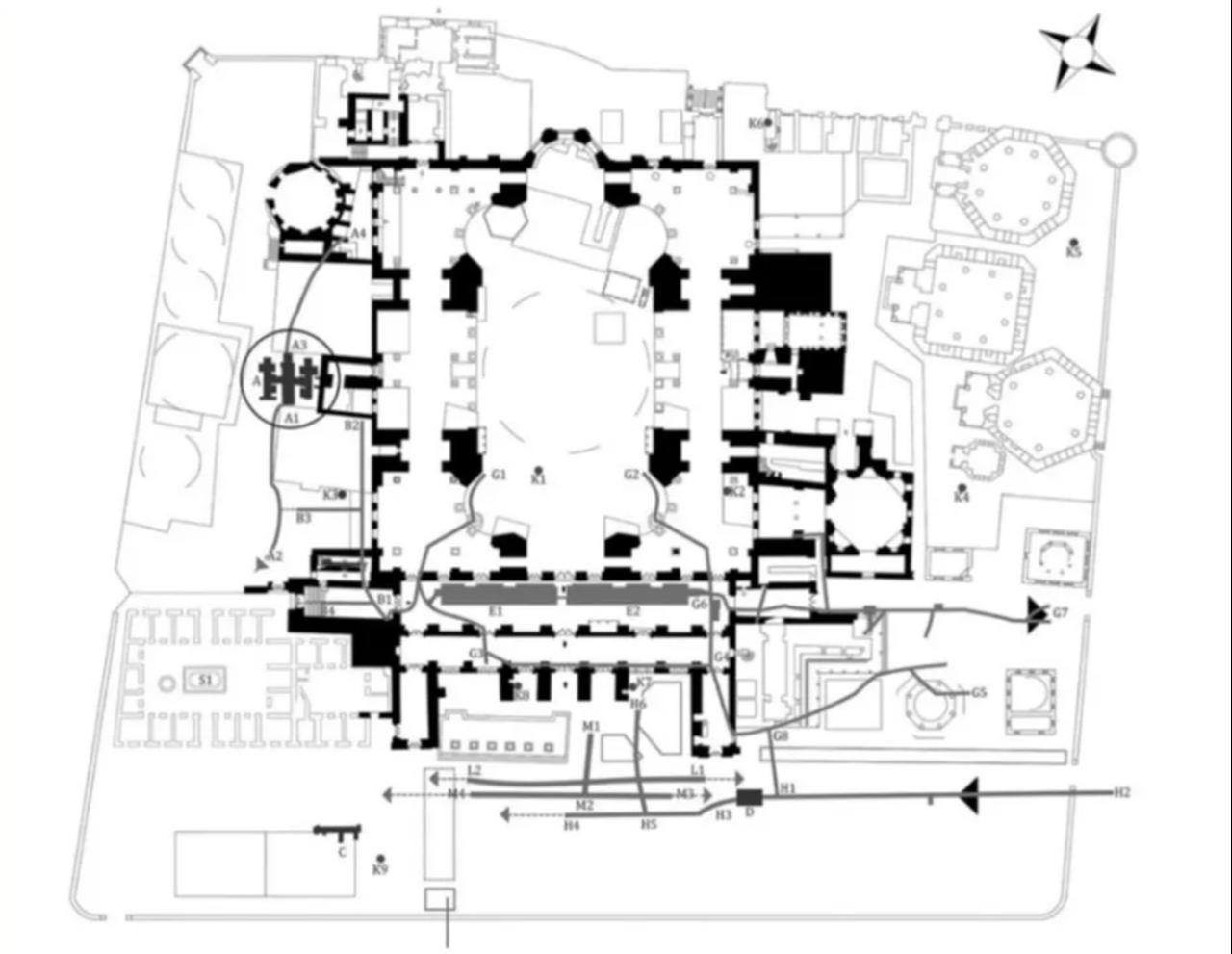 The subterranean channels, wells, and structures beneath the Hagia Sophia church.  Source: Ozkan Aygun, 2010)