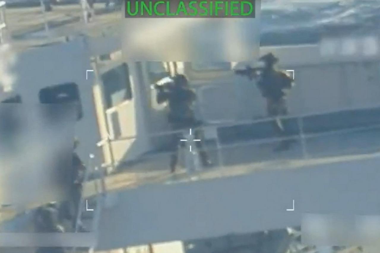A screen grab from a video posted by U.S. Attorney General Pam Bondi on her X account shows what she describes as the execution of  a seizure warrant for a crude oil tanker used to transport sanctioned oil from Venezuela and Iran off the coast of Venezuela, Dec. 10, 2025. (AFP Photo)