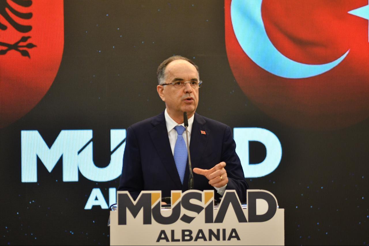 Albanian President Bajram Begaj speaking at a dinner organized by the Independent Industrialists and Businessmen's Association (MUSIAD) Albania Branch in Tirana, Dec. 16, 2025. (AA Photo)
