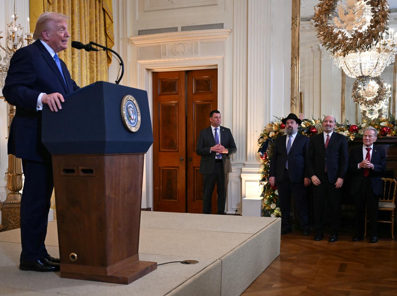 US President Donald Trump speaks at a Hanukkah reception in the East Room of the White House in Washington, DC, on Dec. 16, 2025. (AFP Photo)