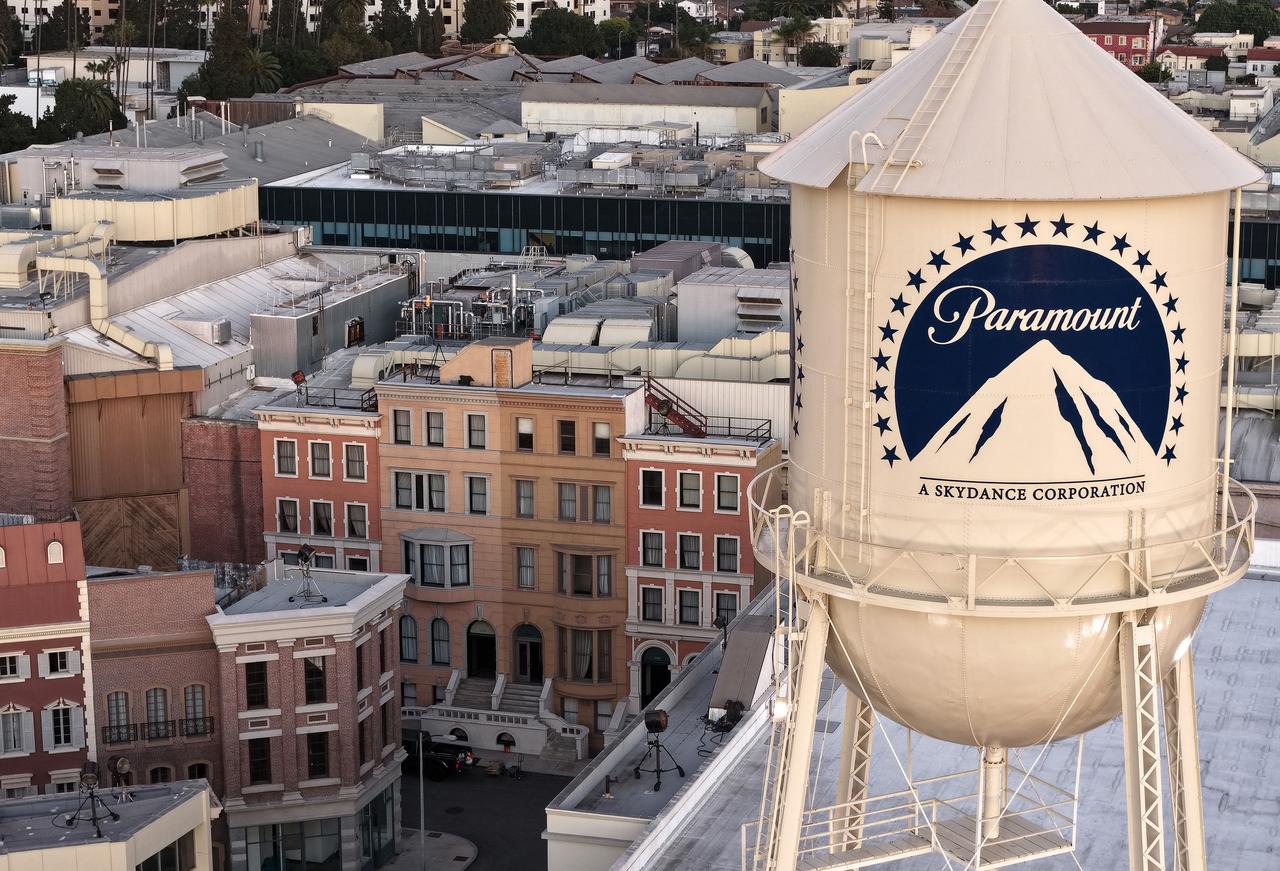 Aerial view of the Paramount logo displayed on the water tower at Paramount Studios, December 8, 2025 in Los Angeles, California. (AFP Photo)