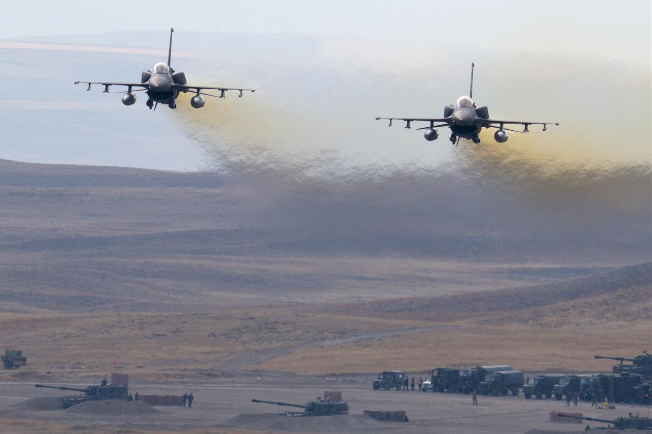 F-16 fighter jets are seen during the "Fire Free-2025" exercise, at the General Nahit Senoglu Firing and Training Range in the Polatli district of Ankara, Türkiye, Oct. 11, 2025. (AA Photo)
