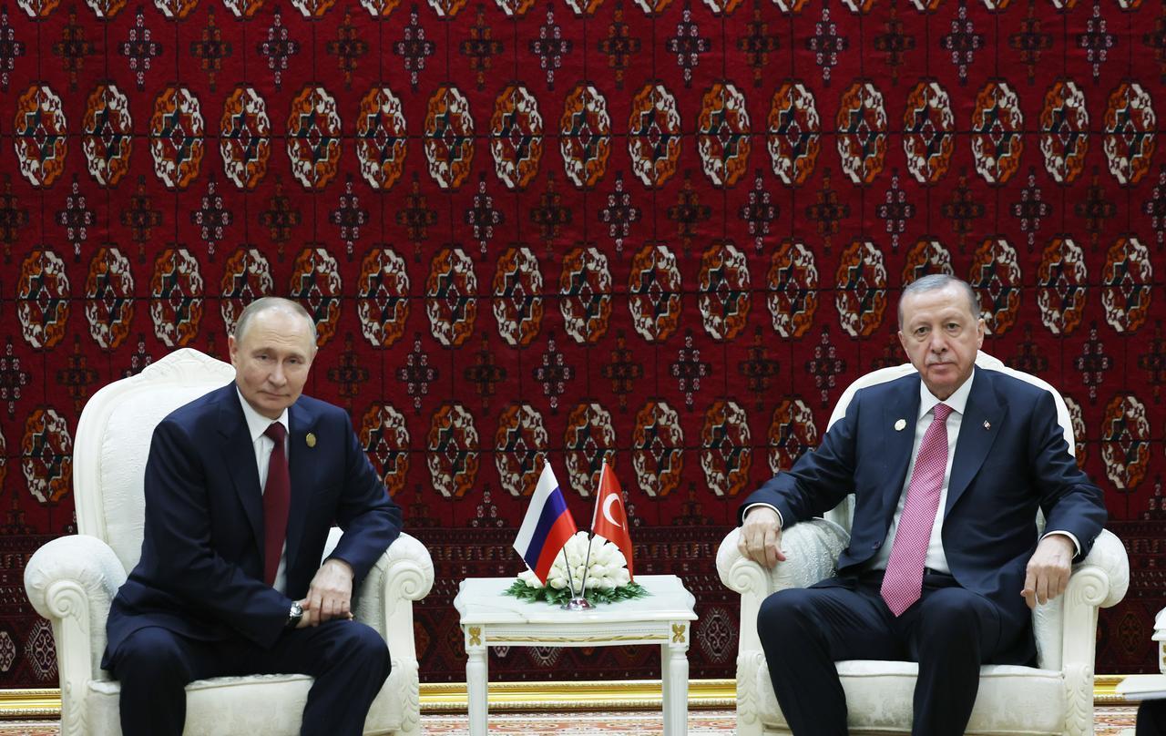 President Recep Tayyip Erdogan meets with Russian President Vladimir Putin in Ashgabat, Turkmenistan, on December 12, 2025. (Photo via Turkish Presidency)