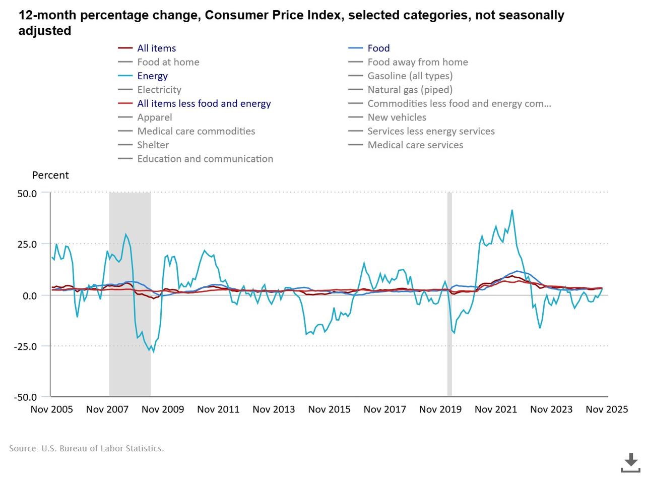 Line chart shows 12-month percentage change in U.S. Consumer Price Index (CPI) across selected categories from November 2005 to November 2025. (Chart via bls.gov)