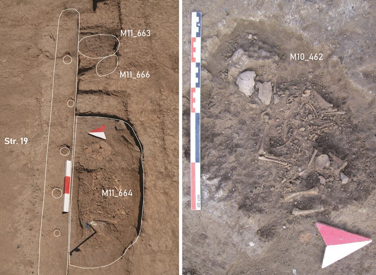 Left: three infant burials placed against the external facade of structure 19 (VId1); right: infant burial from VId1. (Photos via OeAw/oeai, M. Borner)