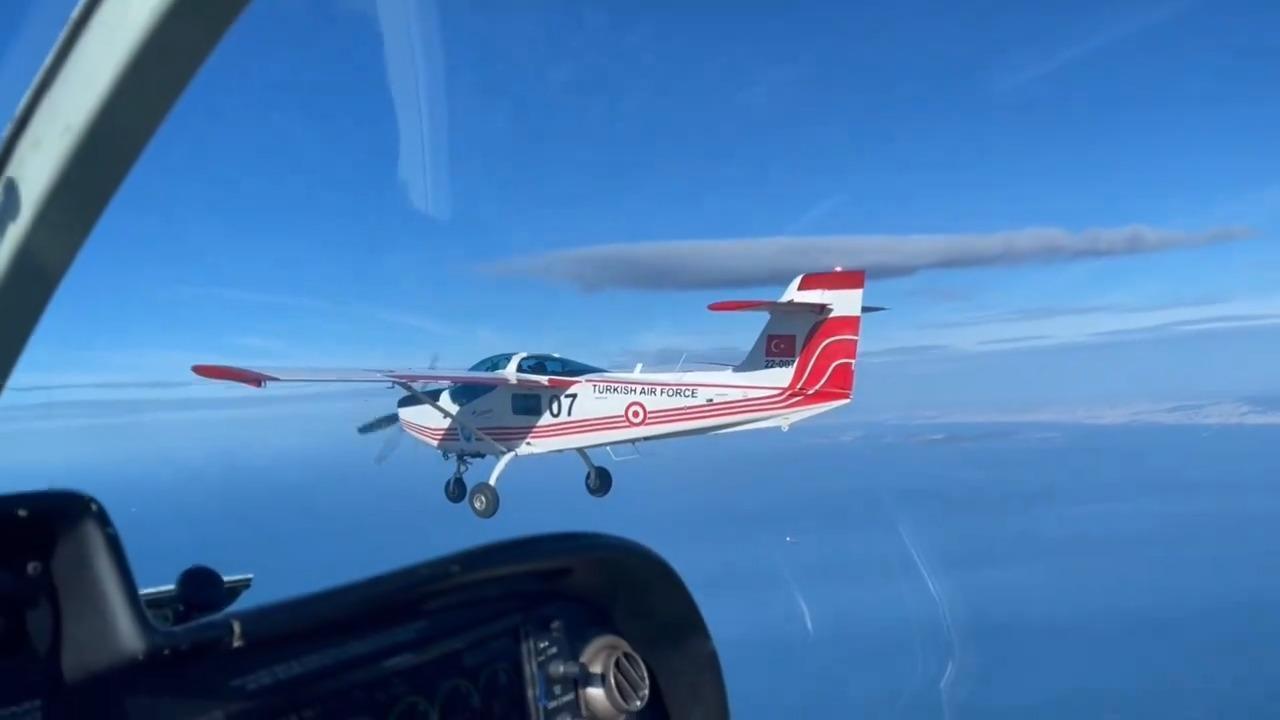 PAC MFI-17 Super Mushshak trainer aircraft of the Turkish Air Force Command during a training flight on Feb 19, 2024. (Photo via X/@tcsavunma)