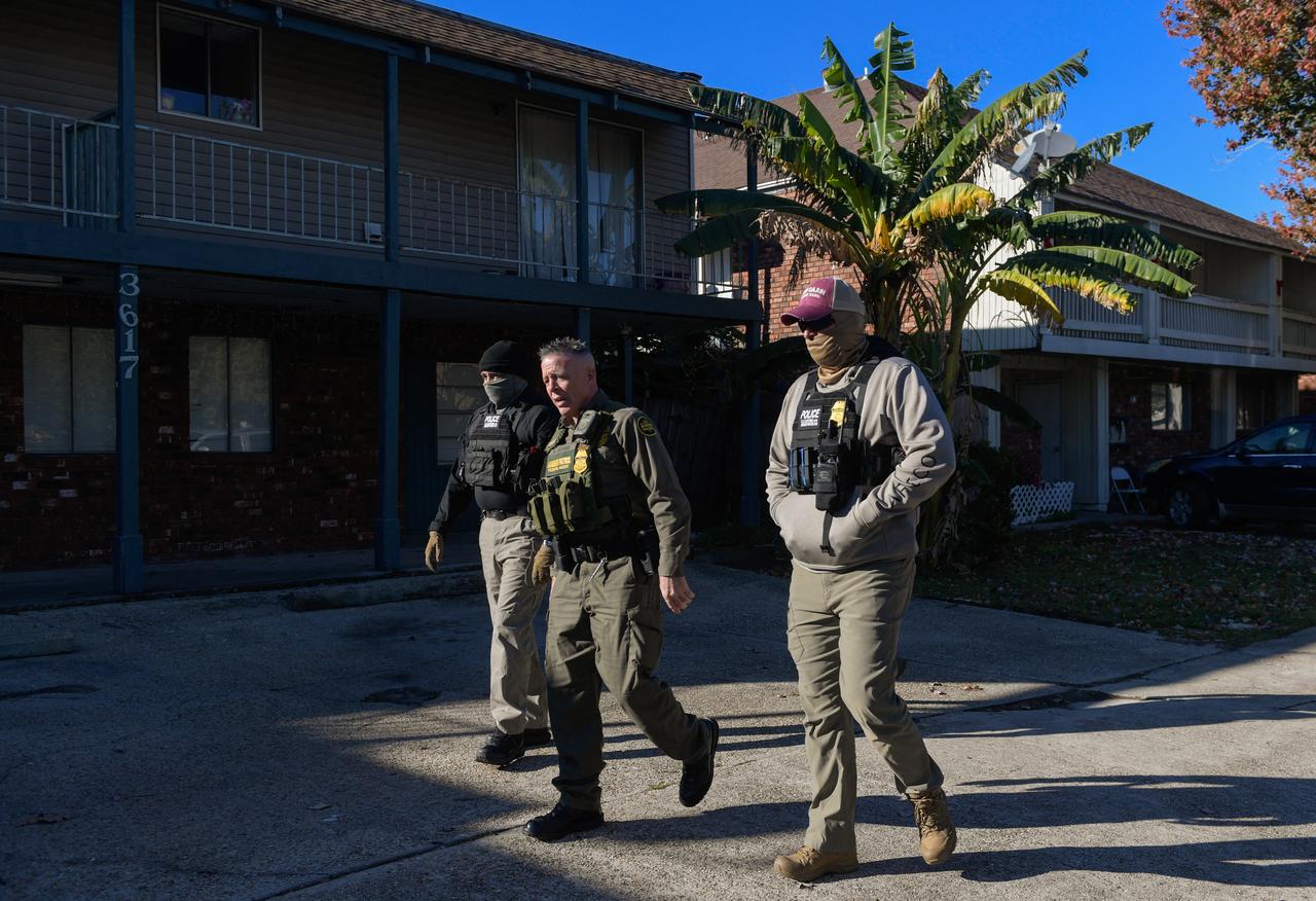 Border Patrol Commander Gregory Bovino walks with CBP and other law enforcement officers through a neighborhood in Kenner, New Orleans, Louisiana, on Dec. 15, 2025. (AFP Photo)