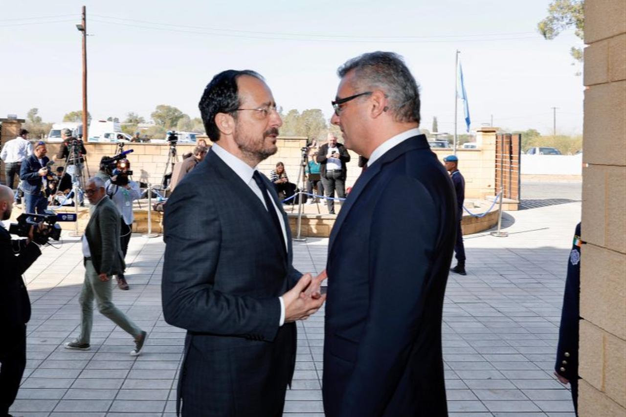 This image captures a moment during a meeting between Turkish Cypriot leader Tufan Erhurman (left) and Greek Cypriot leader Nikos Christodoulides (right) on November 20, 2025. (Photo via TRNC Presidency website)