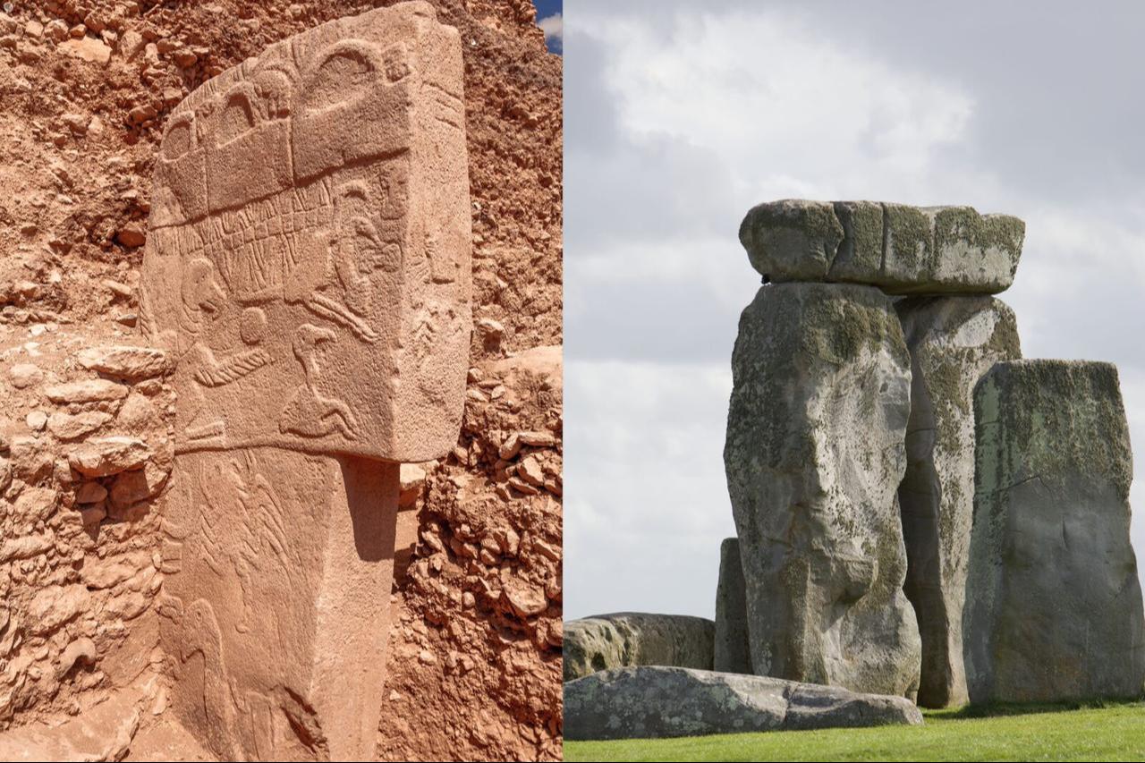 A photo collage featuring Pillar 43 from Gobeklitepe and visuals of Stonehenge. (Photo via X)