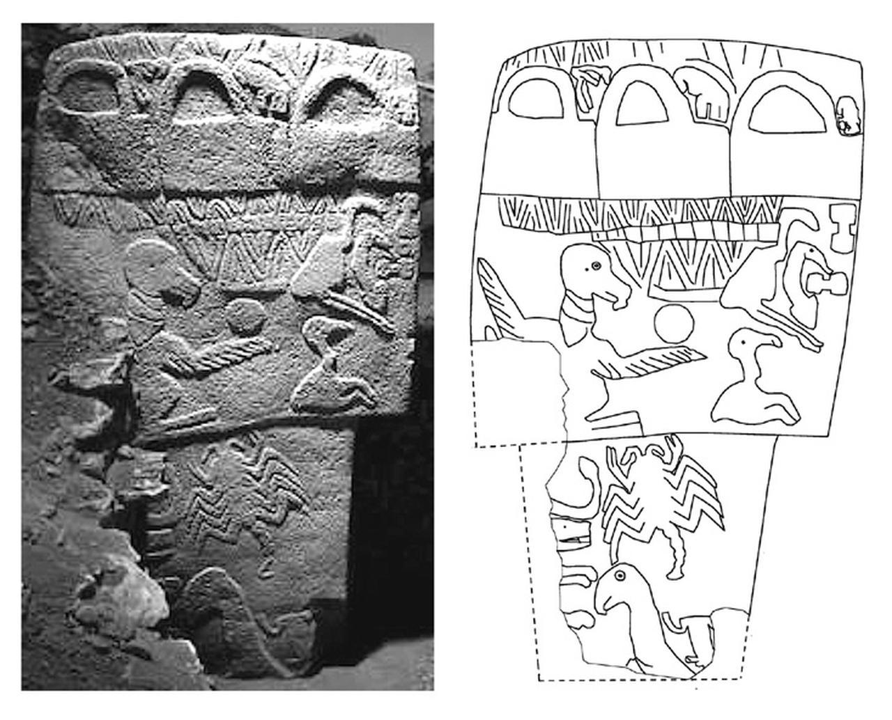 Left, Gobeklitepe's Pillar 43 and, right, its features are highlighted as a line drawing. (Drawn by Rodney Hale from a mixture of photos of the stone from slightly different angles)