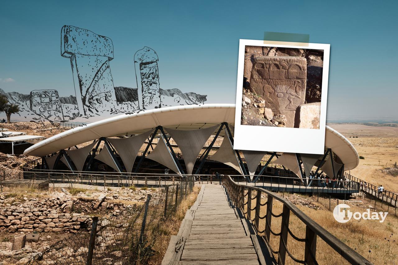 A composite visual of Göbeklitepe showing the main excavation shelter, artistic reconstructions of the T-shaped pillars, and a close-up photograph of Pillar 43. (Photo collage by Türkiye Today team)