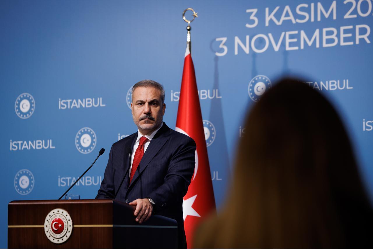 Turkish Foreign Minister Hakan Fidan holds a press conference after a meeting on Gaza in Istanbul, Türkiye on Nov. 03, 2025. (AA Photo)