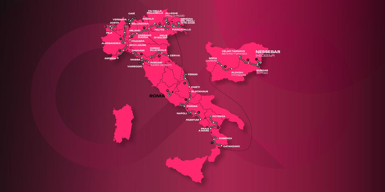 The official Giro d’Italia 2026 route map shows the race’s cross-border opening in Bulgaria before sweeping across Italy to finish in Rome. (Image via Giro d’Italia)