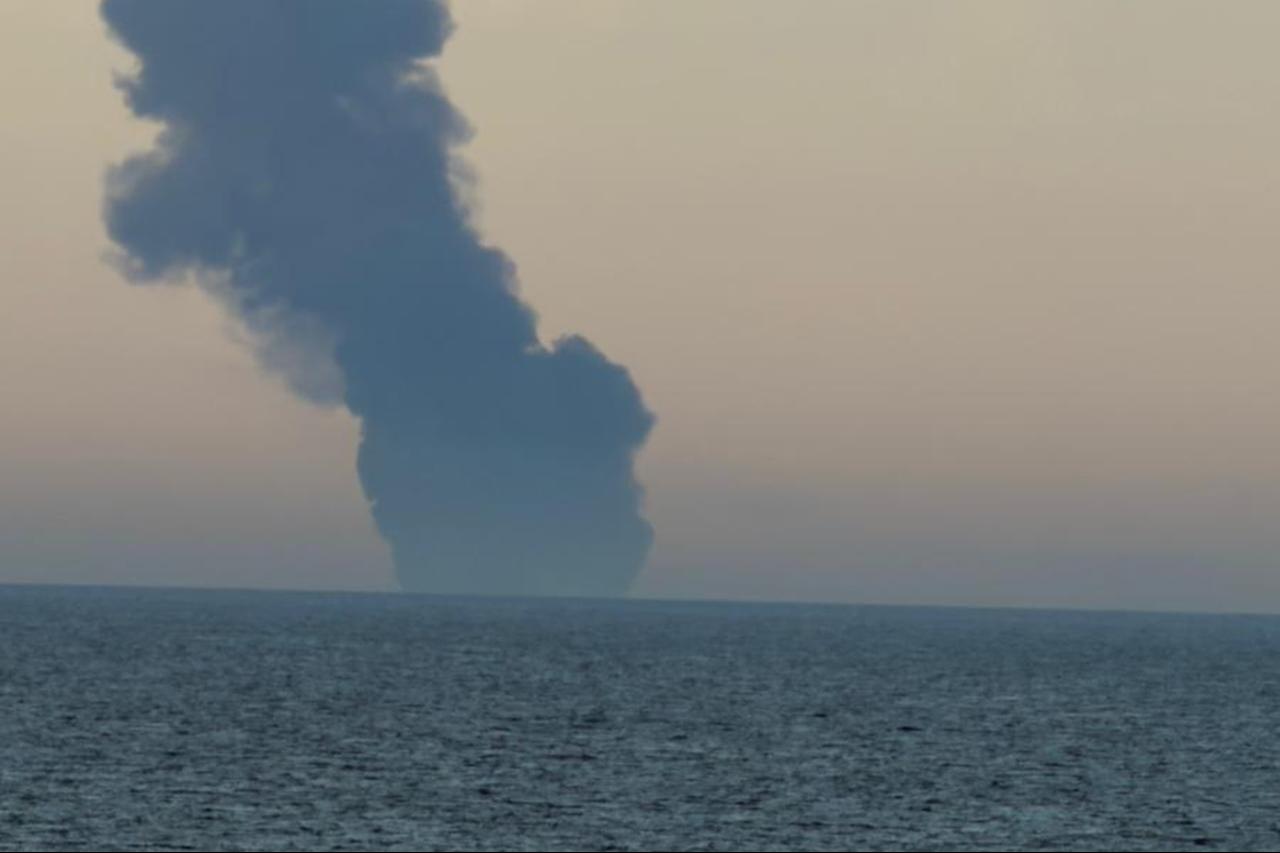 Smoke rises after a fire alert was received on board of the empty tanker KAIROS, 28 miles off the Turkish coast, en route to Russia’s Novorossiysk Port, at Black Sea on November 28, 2025. (TUR/Directorate Gen. for Maritime HO / AA Photo)