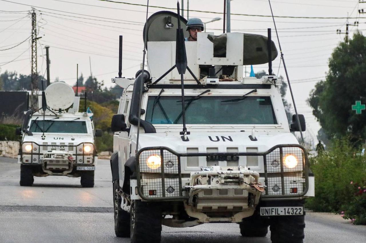 Vehicles of the United Nations Interim Force in Lebanon (UNIFIL) patrol in Marjeyoun in southern Lebanon on Oct. 11, 2024. (AFP Photo)