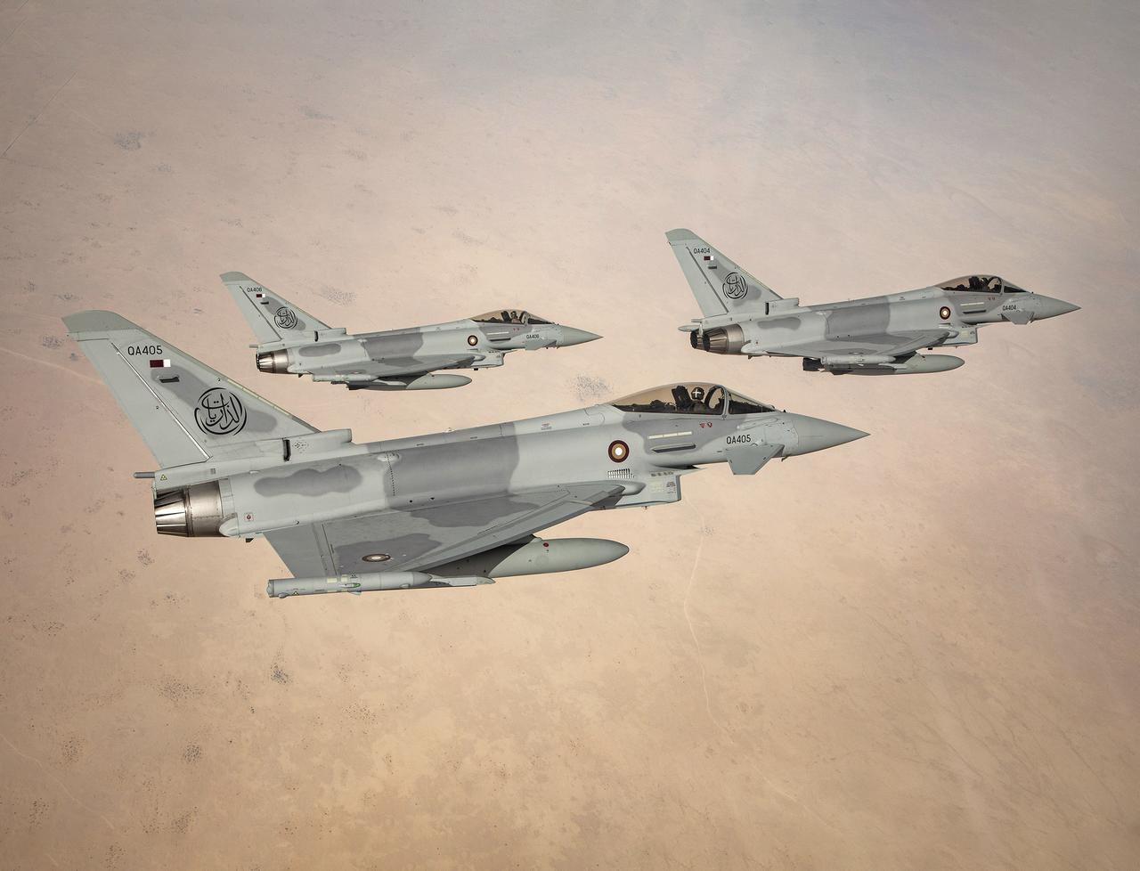 A group of Eurofighter Typhoons from 7 Squadron, the QEAF's first Typhoon Squadron, over the desert of Qatar, at an unspecified time. (Photo via Eurofighter Jagdflugzeug GmbH)