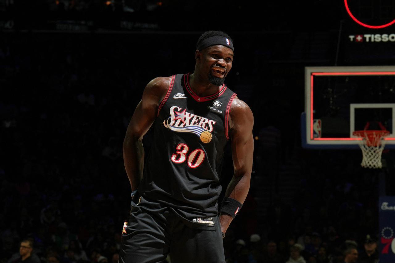 Adem Bona #30 of the Philadelphia 76ers smiles during the game against the Dallas Mavericks on December 20, 2025, in Philadelphia, Pennsylvania. (Photo by Jesse D. Garrabrant/NBAE /Getty Images/Getty Images via AFP)