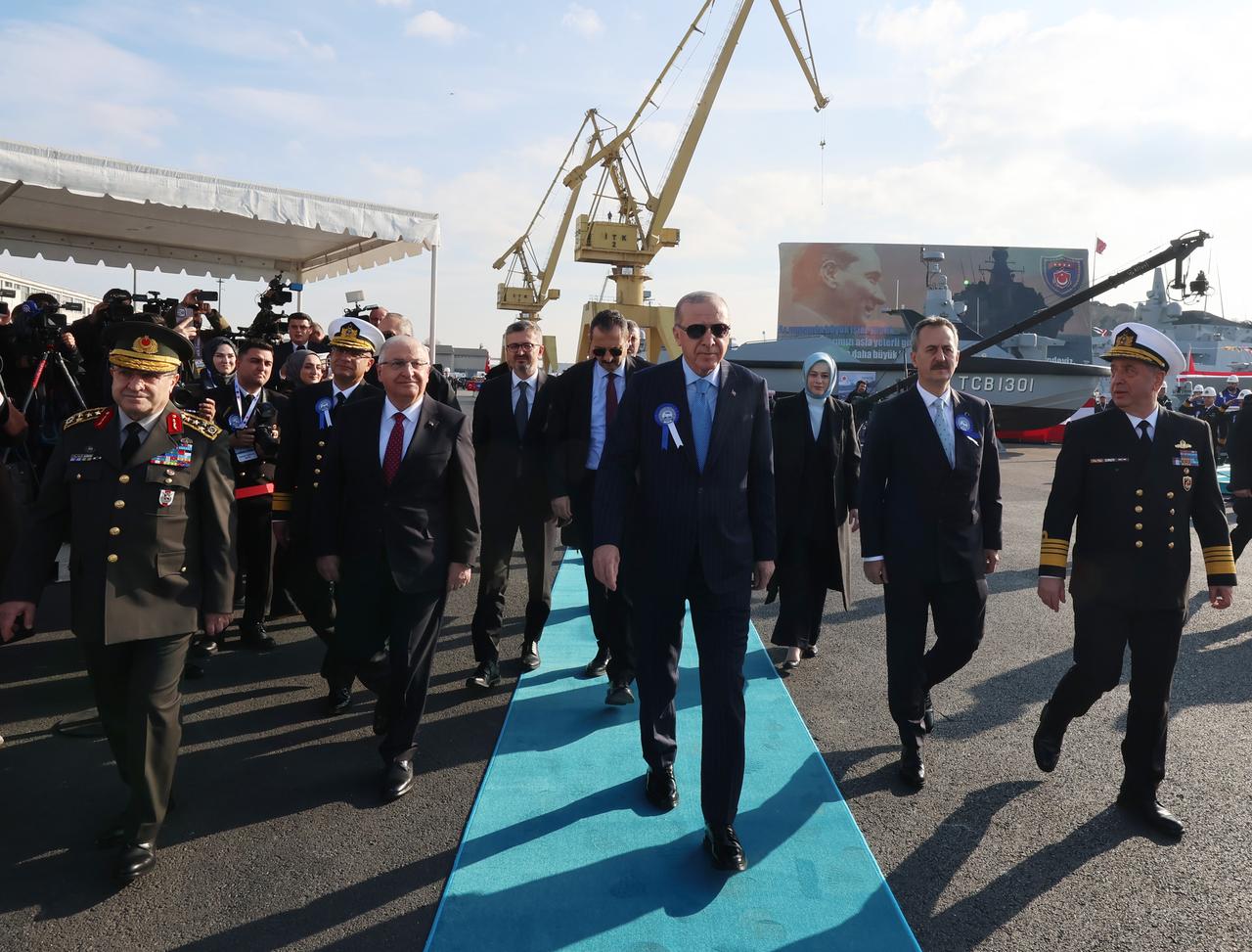 President Erdogan attends a ceremony, with ULAQ armed USV in the background, held at the Istanbul Shipyard Command in Istanbul, Türkiye, Dec. 20, 2025. (Photo via Turkish Presidency/Murat Cetinmuhurdar)