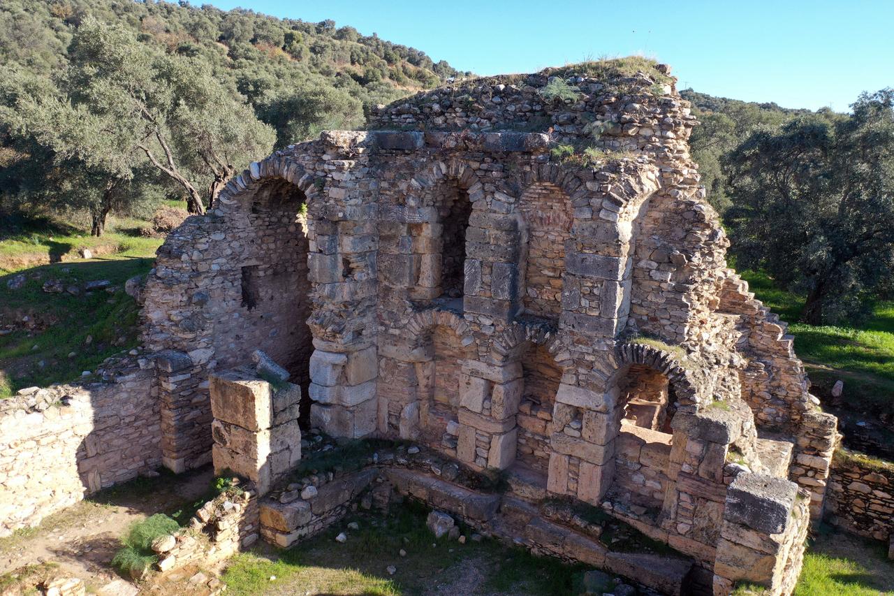 An aerial view of ancient library in Nysa, Aydin, Türkiye, Dec. 22, 2025. (AA Photo)