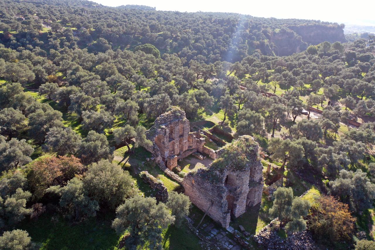 An aerial view of ancient library in Nysa, Aydin, Türkiye, Dec. 22, 2025. (AA Photo)