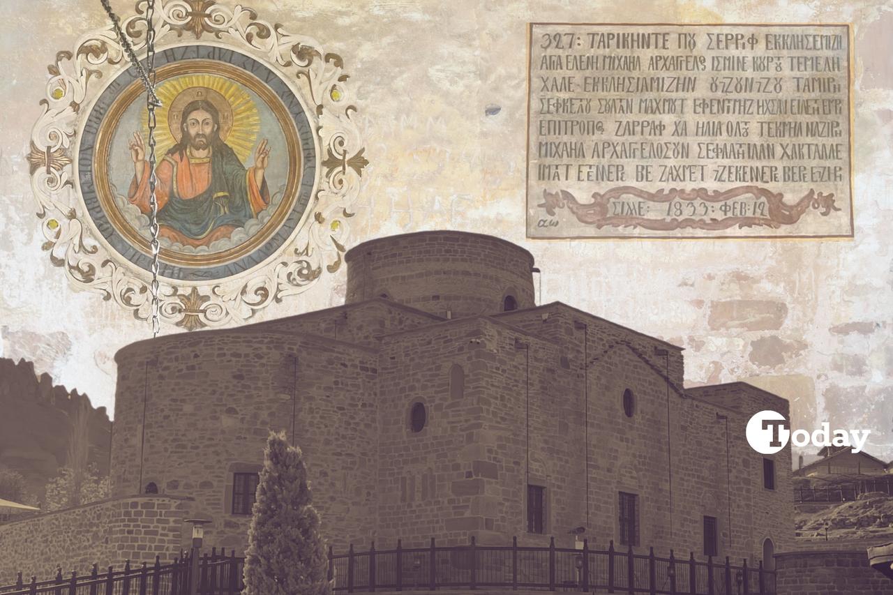 Greek letters, Turkish words inside Eastern Roman church in central Türkiye