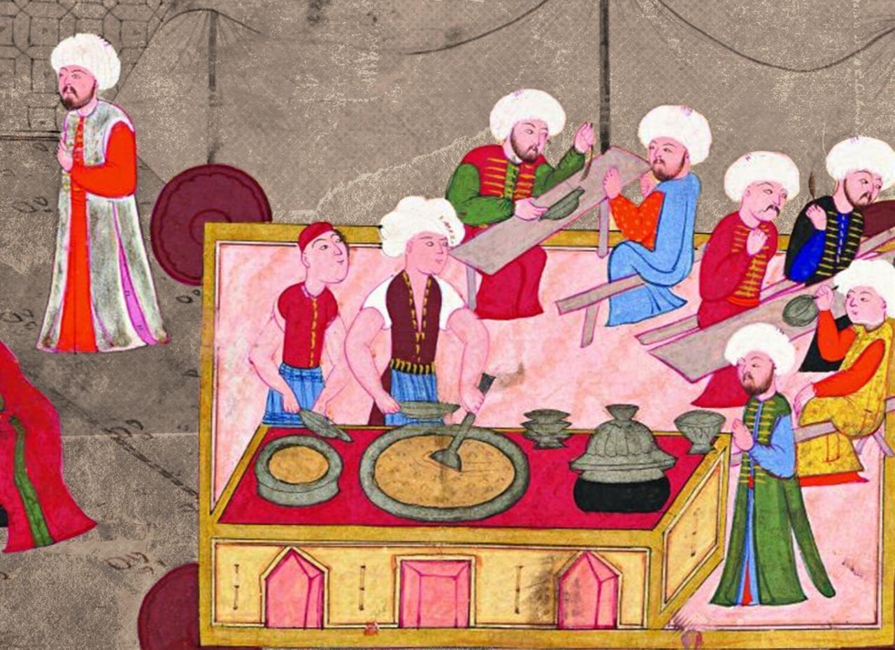 The miniature in the center of the "Surname," written in 1588 about the circumcision ceremony of Prince Mehmed, son of Sultan Murad III (1574-1595), depicts a scene where people are dining at Atmeydani, Istanbul. (Photo via Wikimedia)