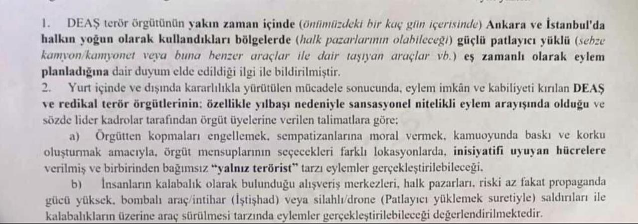 A piece from the letter, claimed to have been sent by the Ankara Provincial Gendarmerie Command, warning of potential Daesh attacks, dated December 19, 2025. (Photo via X/@alicanuludag)