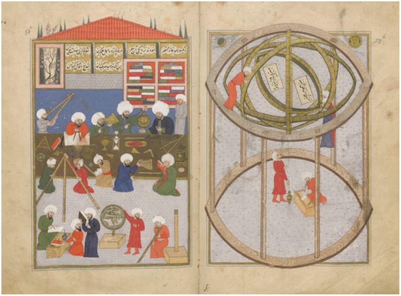 An overview of the astronomical instruments and staff of the Istanbul Observatory, with Taqi al Din Rasid at work, from Shahinshahnāme (Book of the Shah of the Shahs), 1581 (source: A Chronology – Turkey’s 700 year… by Feza Günergun, via Muslim Heritag)