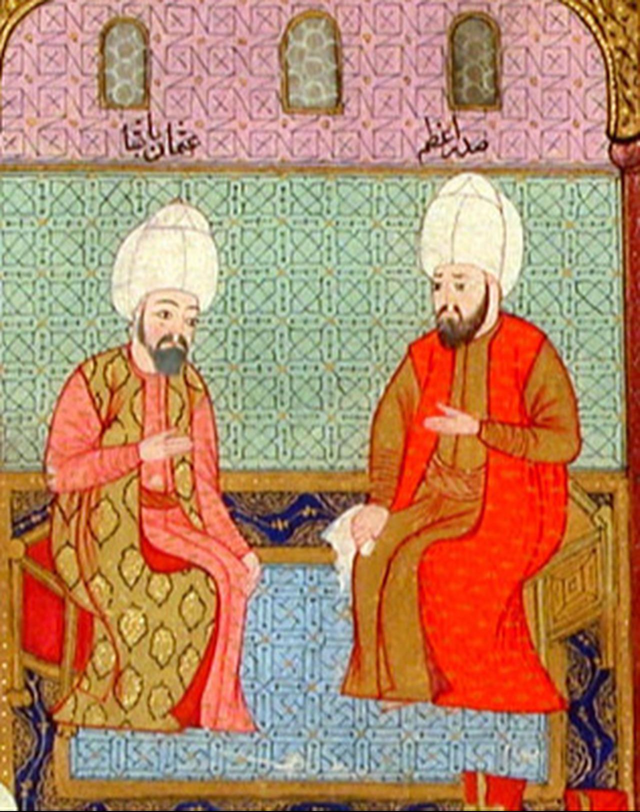 Osman Pasha (left) with Sultan Murad III (right), Secaatname, 1586. (Photo via Wikimedia)