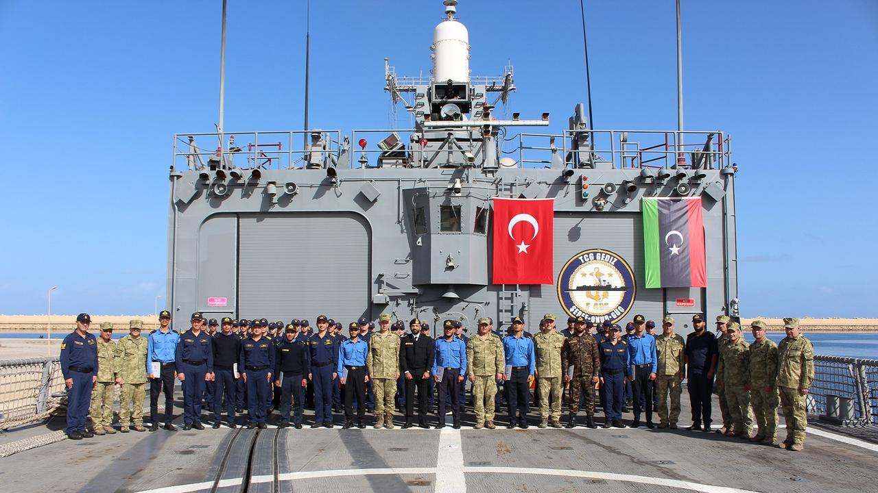 Both Turkish Armed Forces and Libyan Naval Forces personnel at TCG Gediz, operating under the Turkish Naval Task Group, 16-20 Nov. 2025. (Photo via Turkish MoND)