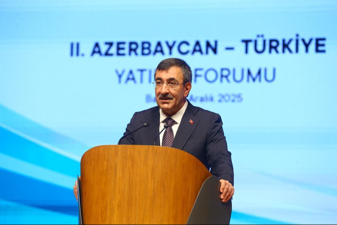 Turkish Vice President Cevdet Yilmaz speaks at the 2nd Azerbaijan–Türkiye Investment Forum in Baku, Azerbaijan, December 23, 2025. (AA Photo)