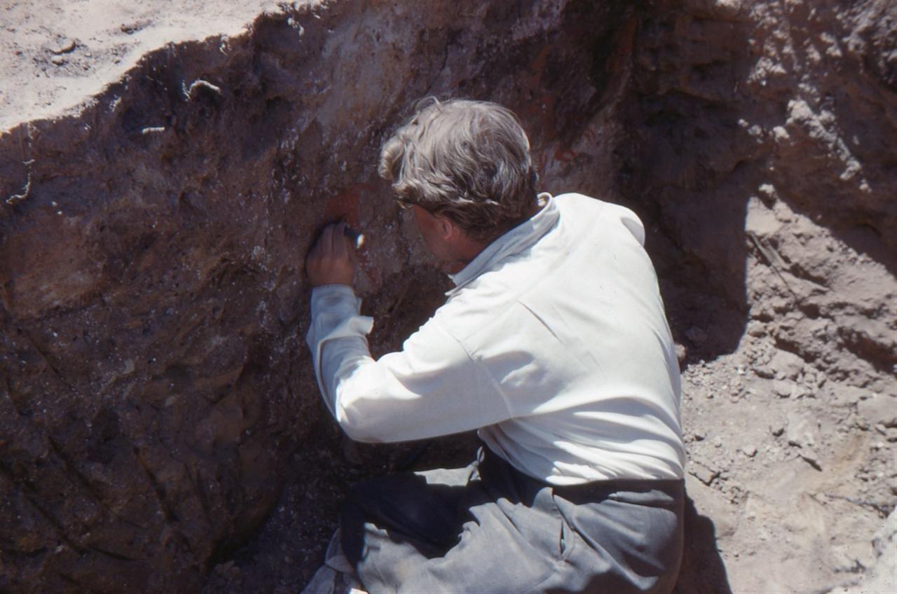 James Mellaart excavating a mural in Catalhoyuk, in Konya, Türkiye. (Photo via Wikimedia)