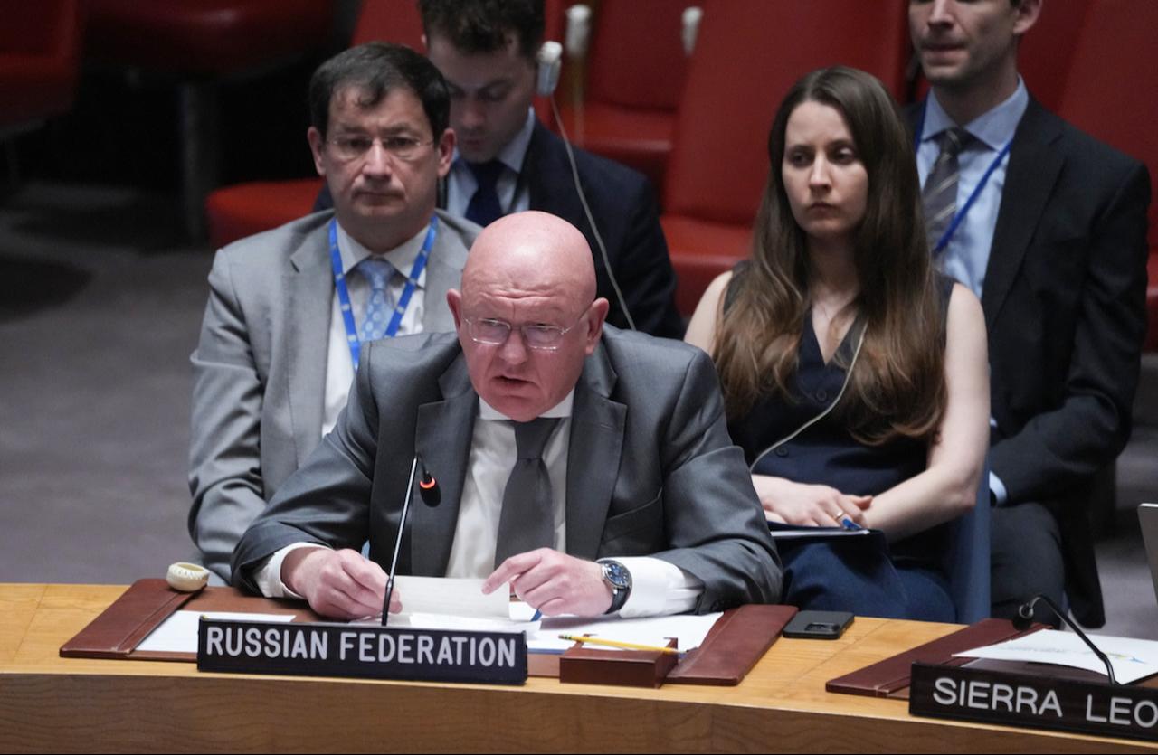 Russian UN envoy Vassily Nebenzia speaks during a United Nations Security Council emergency meeting in New York, United States on June 22, 2025. (AFP Photo)
