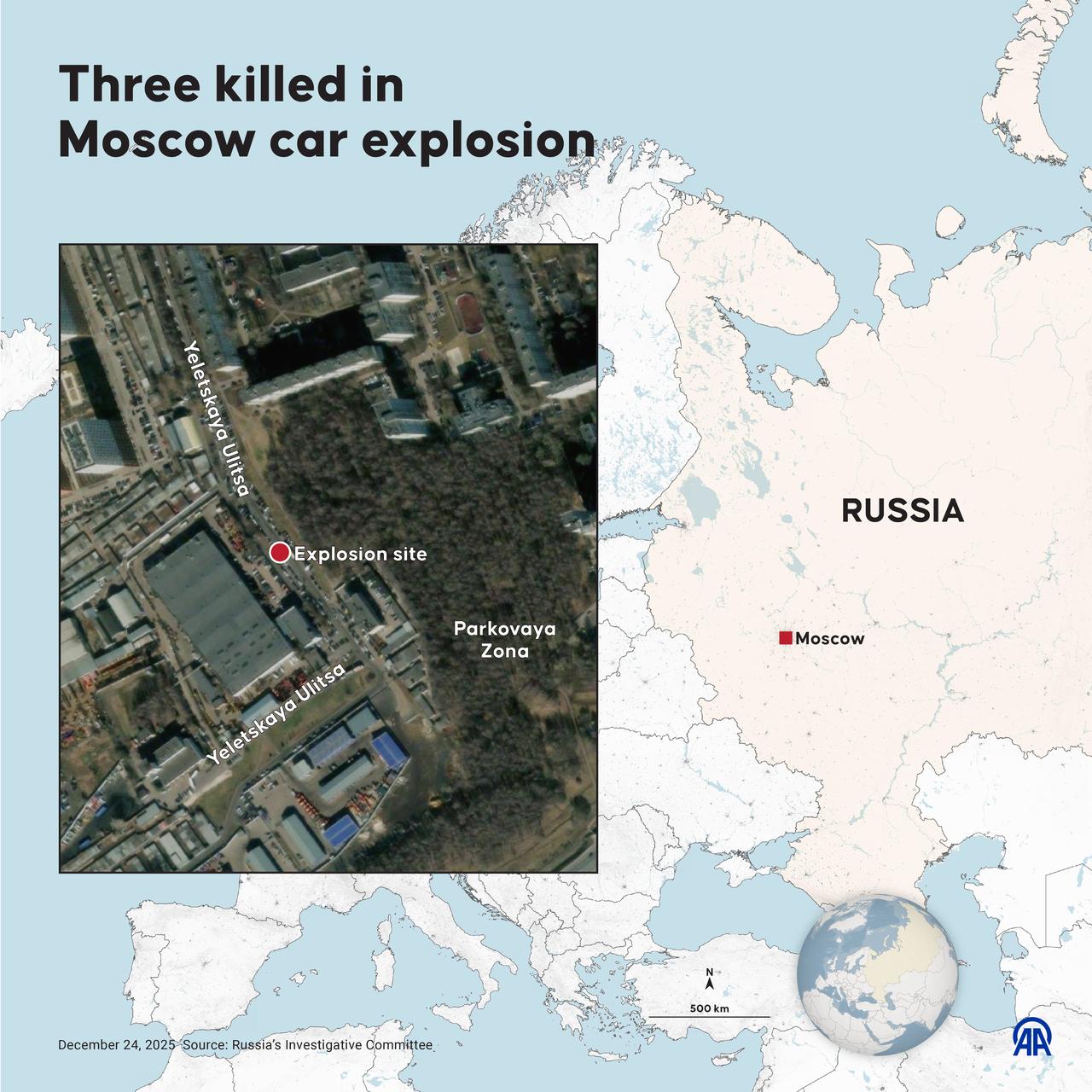 An infographic titled "Three killed in Moscow car explosion" created in Ankara, Türkiye on Dec. 24, 2025. (AA Photo)
