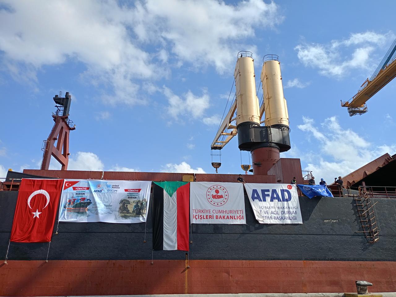 A ship carrying the first 10,000 of 30,000 tents provided by Türkiye’s Disaster and Emergency Management Authority (AFAD), in cooperation with the United Nations’ International Organization for Migration (IOM), arrives at Port Sudan in Sudan on Dec. 19, 2025. (AA Photo)
